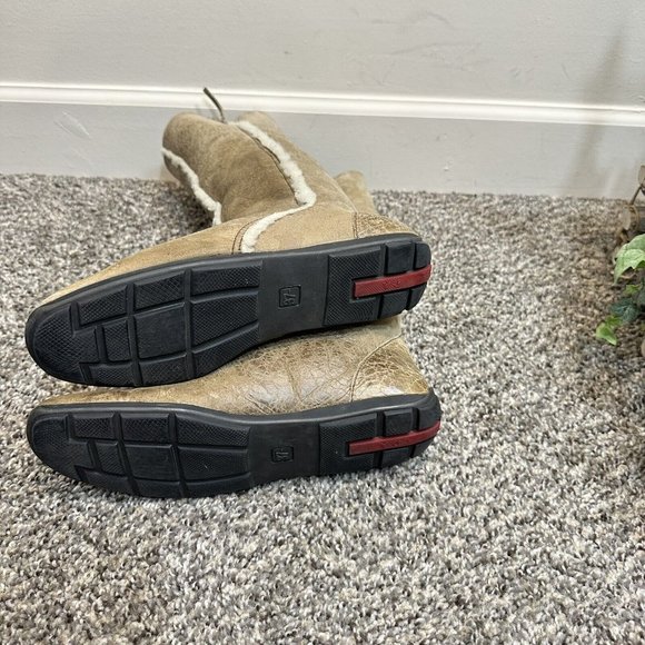 Prada Shearling Lined Distressed Leather Tall Boots Fold-over Tan Size 37 US  7 - Picture 3 of 7